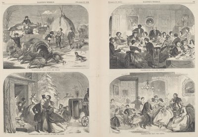 Hálaadás napja – utak és eszközök [balra fent], megjelent 1858-ban. alkotó: Winslow Homer