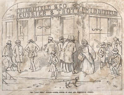 The Cold Term, Boston – jelenet, Corner Milk és Washington Streets, 1858. alkotó: Winslow Homer