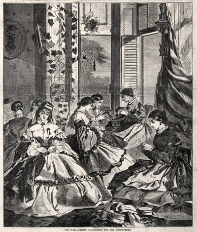 A háború – Havelock-sisakok készítése az önkéntesek számára alkotó: Winslow Homer