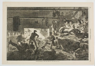 Téli szállás a táborban - A kunyhó belseje alkotó: Winslow Homer
