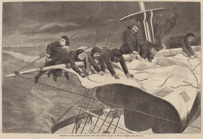 Tél a tengeren – Vitorlázás a partról, 1869-ben jelent meg. alkotó: Winslow Homer