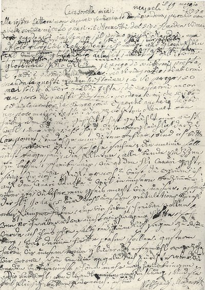 Wolfgang Amadeus Mozart (1756-1791) osztrák zeneszerző. Kézzel írt levél nővérének, Nannerlnek. Nápoly 1770. március 19 alkotó: Wolfgang Amadeus Mozart