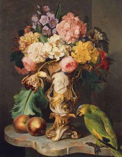 Csendélet vázával válogatott virágokkal, őszibarackkal és papagájjal márványpárkányon, 1843 alkotó: Wolfgang Küss