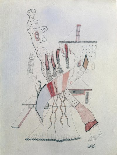 Person, die sich auf zwei Tische stützt von Wols