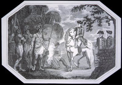 Burgoyne tábornok és az indiánok 1777-ben, J. Taylor metszete, David Hume és Tobias Smollett "The History of England" című művéből, Londonban jelent meg. alkotó: Woodruff (after)