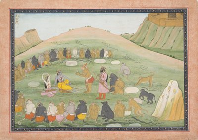 Hanuman gyógynövényekkel újjáéleszti Rámát és Laksmanát..., Ramayana sorozat, kb. 1790. alkotó: Workshop active in the First generation