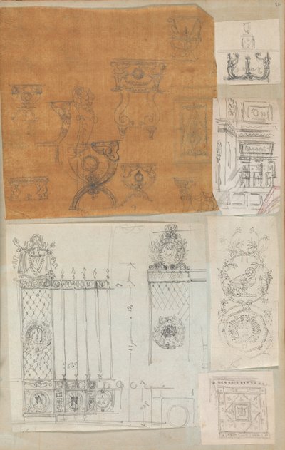 Oldal egy Scrapbookból, amely rajzokat és számos építészeti nyomatot tartalmaz, Int..., kb. 1800-1850. Alkotók: Charles Percier műhelye, Pierre François Léonard Fontaine műhelye. alkotó: Workshop of Charles Percier, Workshop of Pierre