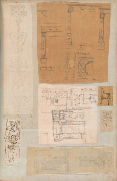 Oldal egy Scrapbookból, amely rajzokat és számos építészeti nyomatot tartalmaz, Int..., kb. 1800-1850. Alkotók: Charles Percier műhelye, Pierre François Léonard Fontaine műhelye. alkotó: Workshop of Charles Percier, Workshop of Pierre