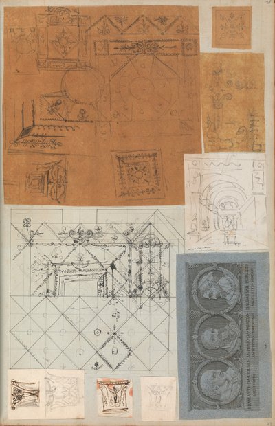 Oldal egy Scrapbookból, amely rajzokat és számos építészeti nyomatot tartalmaz, Int..., kb. 1800-1850. Alkotók: Charles Percier műhelye, Pierre François Léonard Fontaine műhelye. alkotó: Workshop of Charles Percier, Workshop of Pierre