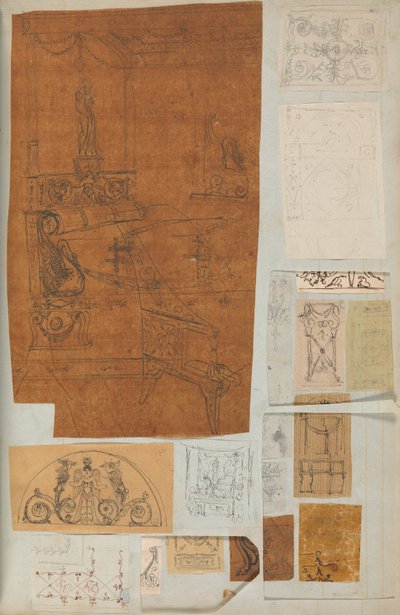 Oldal egy Scrapbookból, amely rajzokat és számos építészeti nyomatot tartalmaz, Int..., kb. 1800-1850. Alkotók: Charles Percier műhelye, Pierre François Léonard Fontaine műhelye. alkotó: Workshop of Charles Percier, Workshop of Pierre
