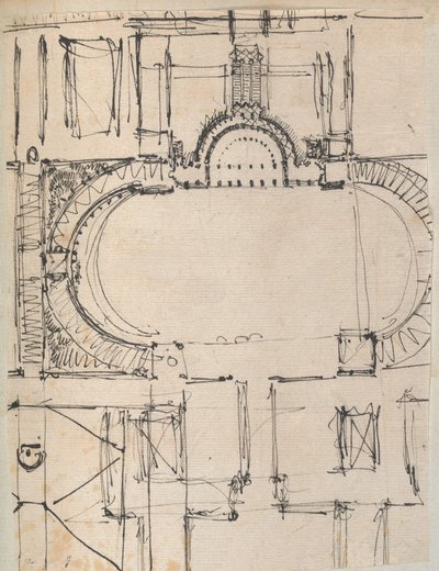 Oldal egy Scrapbookból, amely rajzokat és számos építészeti nyomatot tartalmaz, Int..., kb. 1800-1850. Alkotók: Charles Percier műhelye, Pierre François Léonard Fontaine műhelye. alkotó: Workshop of Charles Percier, Workshop of Pierre