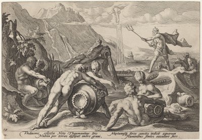 A Neptunusz az ember pusztítását tervezi alkotó: Workshop of Hendrick Goltzius, after Hendrick Goltzius