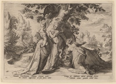 Cecrops lányai kinyitják a Minerva által rájuk bízott koporsót alkotó: Workshop of Hendrick Goltzius, after Hendrick Goltzius