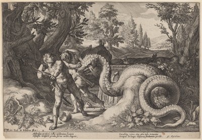 A sárkány felfalja Kadmusz társait alkotó: Workshop of Hendrick Goltzius, after Hendrick Goltzius