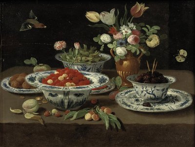 Vadszamóca egy kínai "kraak" porcelán tálban, szeder egy másik tálban, tányéron állva, különböző virágok egy bronz vázában, szilva egy másik tálban és dió egy tányéron, egy barack, egy szál cseresznye és más gyümölcsök, mindez egy kövön. alkotó: Workshop of Jan van Kessel the Elder