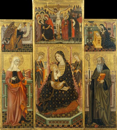 A gyermeket szoptató Szűz oltárképe, Szent Klára és Szent Antal apát alkotó: Workshop of Llorenç Saragossa