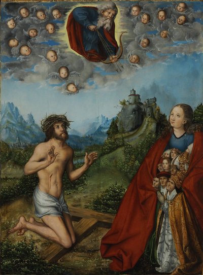 Kettős közbenjárás: Krisztus és Szűz Mária közbenjárása az emberiségért az Atya Isten előtt. alkotó: workshop of Lucas Cranach the Elder