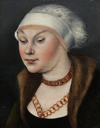 Német: Kopf einer Dame mit weißer Haube (Omphale) Egy fehér kalapos asszony feje alkotó: workshop of Lucas Cranach the Elder