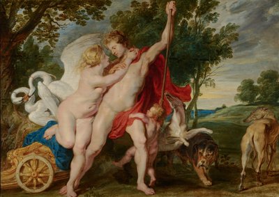 Venus megpróbálja visszatartani Adonist a vadászatra indulástól alkotó: Workshop of Peter Paul Rubens