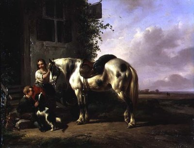 Egy fogadó külseje fiatal lánnyal, fiúval, kutyával, lóval alkotó: Wouterus Verschuur