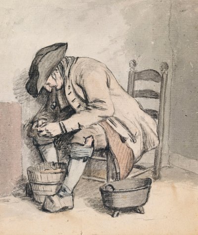 Egy vödör fölé hajoló, ülő férfi; a hátoldalon három nő (árnyékban) alkotó: Wybrand Hendriks
