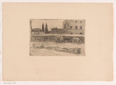 Táj épületekkel és egy dolgozó alakkal alkotó: Xavier Mellery (attributed to)