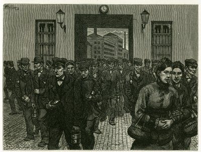 Gyári kijárat Gentben. X. Mellery metszete a természet nyomán, a „Belgium” történet illusztrálására, 1888-ban, Camille Lemonnier (1844-1913) műkritikus és író. Megjelent a Tour du monde-ban, 1883. 2. félév, szerkesztette Edouard Charton (1807-1890) alkotó: Xavier Mellery