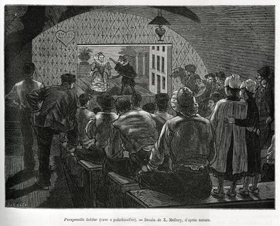 Pince a Polichinelles, bábelőadások számára kialakított pince. X.Mellery metszete Belgium történetének illusztrálására, Camille Lemonnier, megjelent a Tour du monde-ban, szerkesztette Edouard Charton (1807-1890) alkotó: Xavier Mellery
