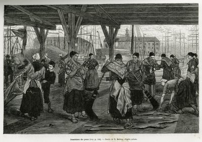 A bőrök sótalanítása, nők által az antwerpeni kikötő csarnokainak szerkezetei alatt kifeszített állatok maradványait kaparva. X.Mellery metszete Belgium történetének illusztrálására, Camille Lemonnier, megjelent a Tour du monde-ban, edite alkotó: Xavier Mellery
