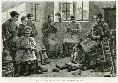 A szalmafonásnak Sluze van. Xavier Mellery metszete a La Belgique történet illusztrálására, Camille Lemonnier, in le tour du monde 1886, rendező: Edouard Charton (1807-1890), Hachette, Párizs. alkotó: Xavier Mellery