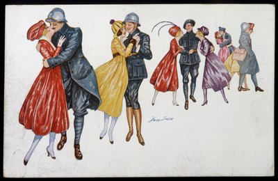 Katonák és menyasszonyaik, marainnes vagy barátai - Xavier Sager (1870-1930) illusztrációja, képeslap, 1915. alkotó: Xavier Sager