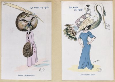 „The Eagle Owl Fur Hat” és „The Crane Hat”, rajzfilmes divatlapok, 1910 alkotó: Xavier Sager