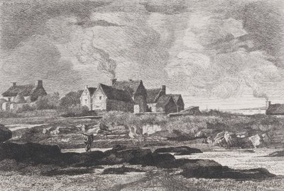 Vidéki táj jobbról folyó folyóval, háttérben házakkal, 1845-75. alkotó: Xavier de Dananche
