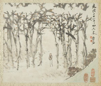 Táj figurával, Liu Songfu, 1895-96 tájképek és kalligráfia albumából alkotó: Xugu