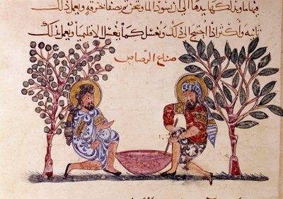 A „Maqamat” (Szeánszok) ólomoldal készítése, Abu Mohammed al-Kasim ibn Ali Hariri (vagy Al-Hariri vagy Al Hariri) (1054-1122) arab költő 11. századi pikareszk költeménye, illusztrálta: Al-Wasiti (al-Wasiti) alkotó: Yahya ibn Mahmud Al-Wasiti