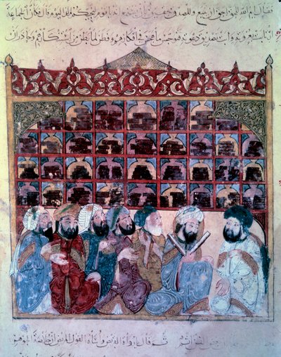 A vándor navigátor, Abu-Zayd (Abu Zayd, Abu Zayd), aki beszédet tart a basrai miniatűr könyvtárban Abu Mohammed al-Kasim ibn Ali Hariri (vagy Al-Hariri vagy Al Hariri) „Maqamat” (Szeánszok) című művéből (1054- 1122), amelyet Yahya Mahmud al-Wasiti (al Wasi alkotó: Yahya ibn Mahmud Al-Wasiti
