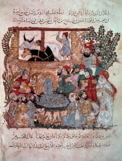 A vándor navigátor Abu-Zayd (Abu Zayd, Abu Zayd) Miniatűr hallgatói előtt Abu Mohammed al-Kasim ibn Ali Hariri (vagy Al-Hariri vagy Al Hariri) „Maqamat” (Szeánszok) című művéből (1054-1122) Yahya Mahmud al-Wasiti (al-Wasiti) világította meg 1237-ben, alkotó: Yahya ibn Mahmud Al-Wasiti