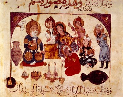 Abou-Zayd a Hanah kocsmában, miniatűr a "Maqamat"-ból (mondák), ms. 3929, fol. 34v alkotó: Yahya ibn Mahmud Al-Wasiti