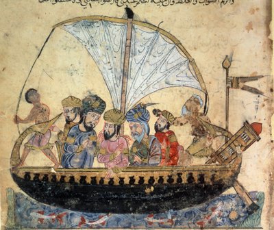 a burzsoá al-Harith (Al Harith), Hammam fia és Abu-Zayd (Abu Zayd) vándor navigátor az Eufrátesz miniatúráján vitorlázó csónakon Abu Mohammed al-Kasim ibn Ali Hariri „Maqamat” (Szeánszai) (vagy Al-Hariri vagy Al Hariri) (1054-1122) által alkotó: Yahya ibn Mahmud Al-Wasiti