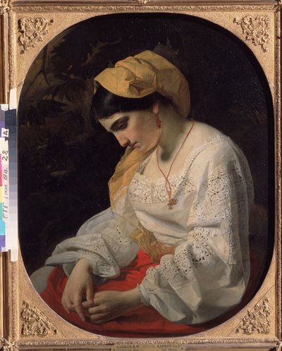 Egy fiatal menyasszony (A Bride). Profilportré egy szomorú fiatal nőről rezignált arckifejezéssel. Jakov Fjodorovics Kapkov (1816-1854) festménye, olaj, vászon alkotó: Yakov Fyodorovich Kapkov