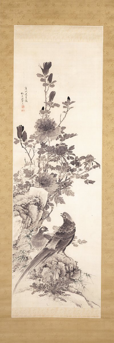 Pünkösdi rózsa és aranyfácán (tinta selyemen) alkotó: Yamamoto Baiitsu
