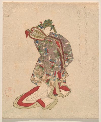 Nő kínai jelmezben, pillangó mintával alkotó: Yanagawa Shigenobu II