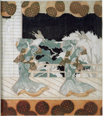 Táncosok népviseletben egy jeleneten Yashima Gakutei (1786-1868) „Surimono” japán nyomtatványa, 1822 Magángyűjtemény alkotó: Yashima Gakutei