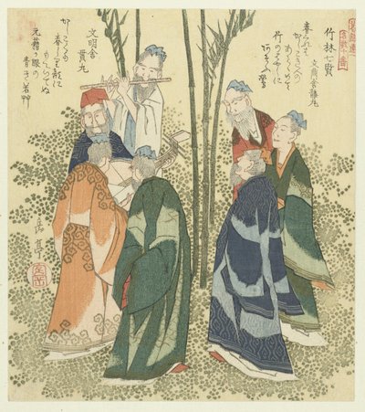 A bambusz erdő hét bölcse Chikurin shichiken (cím a tárgyon) Híres dalok tíz lenyomatából álló sorozat a Katsushika Poetry Society számára (sorozat címe) Katsushikaren meisû jûban (sorozat címe az objektumon) alkotó: Yashima Gakutei