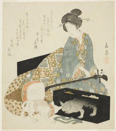Nő Shamisennel és macskával alkotó: Yashima Gakutei