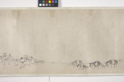 Száz szamár gabonát szállít, kézi tekercs, 1700 körül (tinta papíron) alkotó: Ye Yin