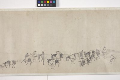Száz szamár gabonát szállít, kézi tekercs, 1700 körül (tinta papíron) alkotó: Ye Yin