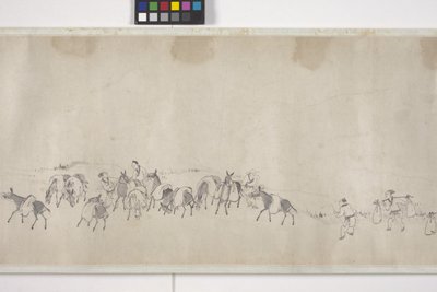Száz szamár gabonát szállít, kézi tekercs, 1700 körül (tinta papíron) alkotó: Ye Yin
