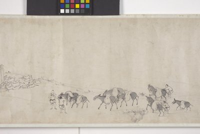 Száz szamár gabonát szállít, kézi tekercs, 1700 körül (tinta papíron) alkotó: Ye Yin