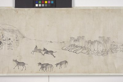 Száz szamár gabonát szállít, kézi tekercs, 1700 körül (tinta papíron) alkotó: Ye Yin